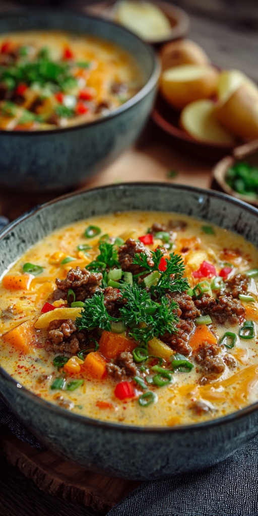 Cheeseburger-Suppe mit Pommes-Topping