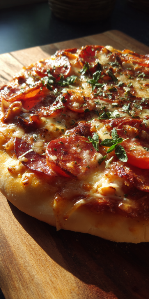 Feurige Pizzasuppe mit Salami und Chili