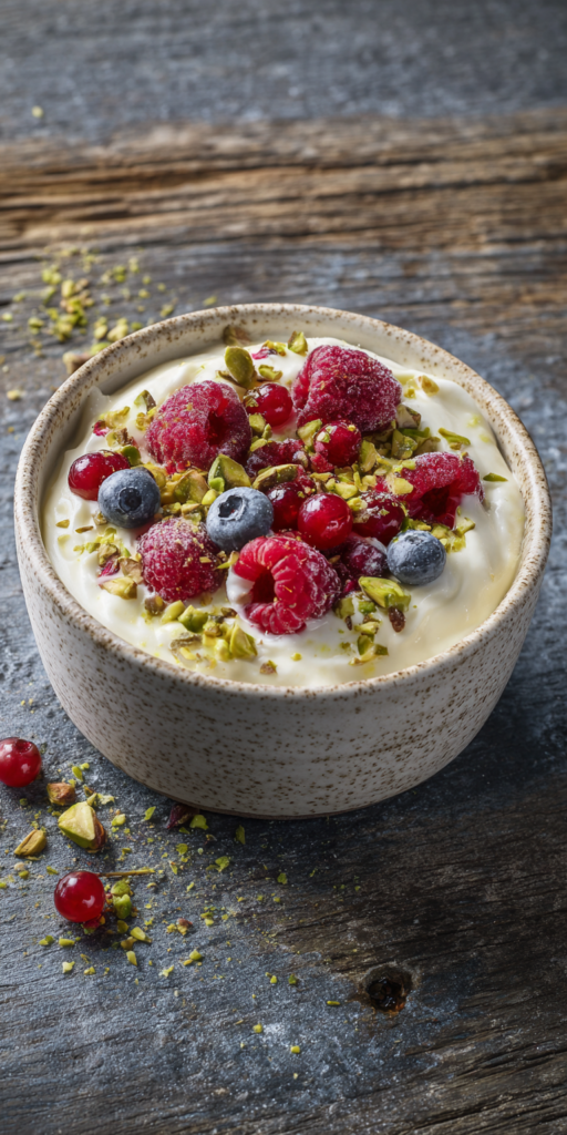 Gefrorene Joghurt-Rinde mit Beeren & Pistazien