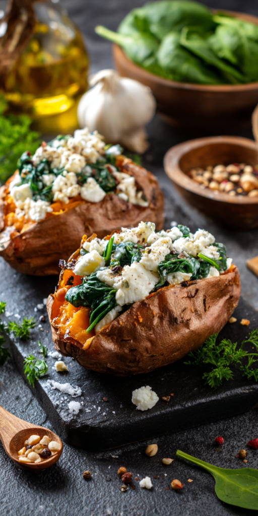 Gebackene Süßkartoffel gefüllt mit Feta & Spinat | Gesundes Mittagessen 2026